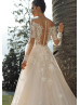 Long Sleeves Ivory Lace Tulle Pearl Buttons Back Wedding Dress